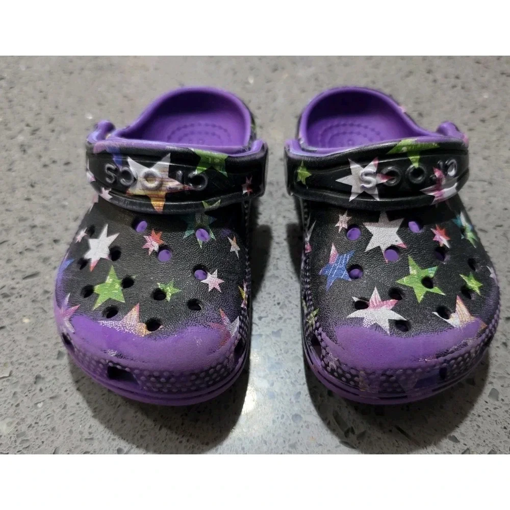 Crocs Toddler 6C Star Print Clogs Purple Waterproof Unicorn Rainbow‎ Jibbitz